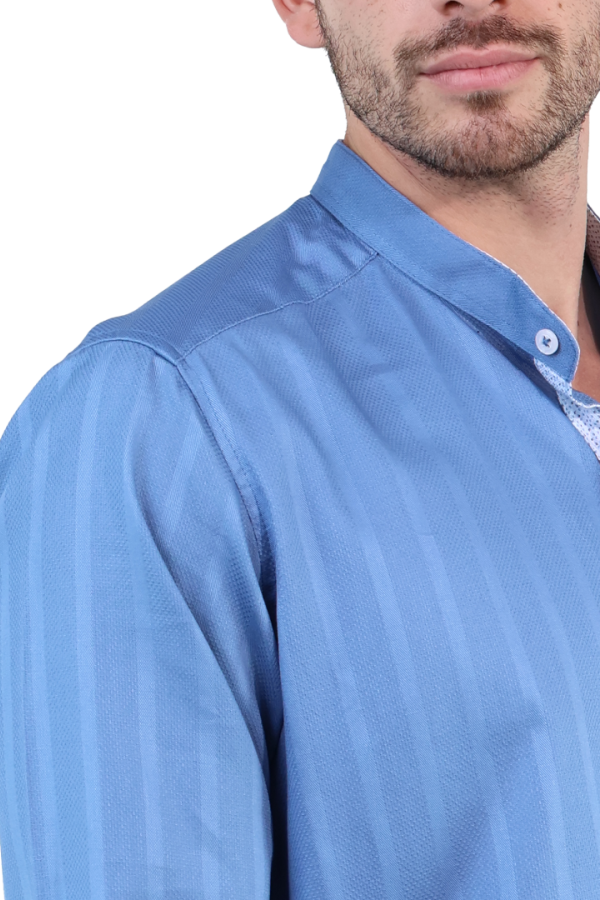 Camisa Azul Manga Larga Textura A Rayas Verticales Slim Fit Para Hombre